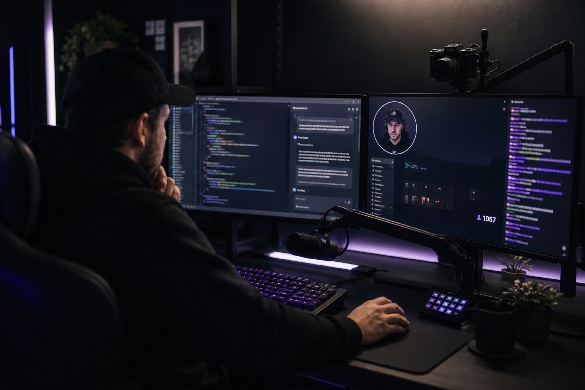 A streamer at a dark desk, live on two monitors.
