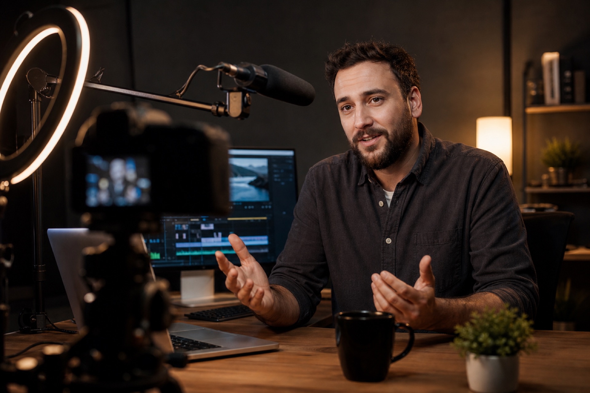 A creator recording at a desk with a camera and mic.